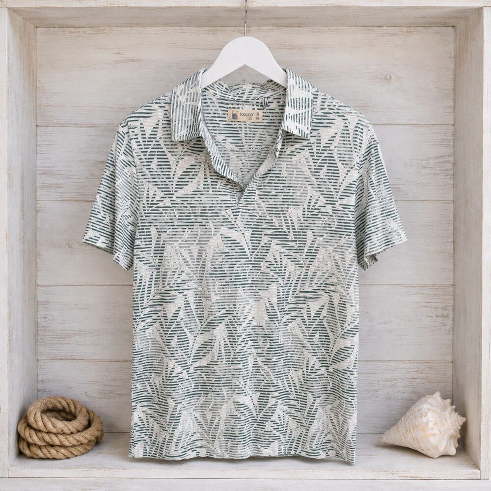 NWT Laguna Swim Men's M Green White Tropical Palm Print Polo Shirt LMX5989
